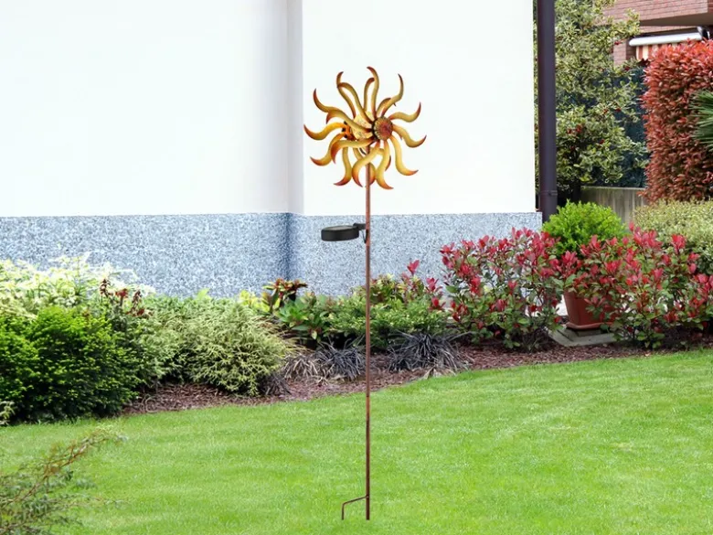 Solar Gartenstecker Windrad mit Erdspieß in Orange-Gelb & Kupfer, Höhe 92cm