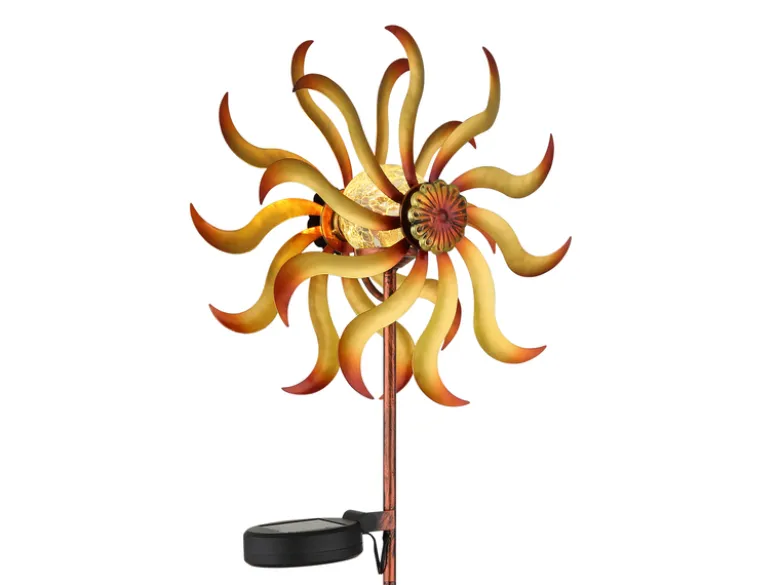 Solar Gartenstecker Windrad mit Erdspieß in Orange-Gelb & Kupfer, Höhe 92cm