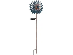 Solar Gartenstecker Windrad mit Erdspieß in Blau & Kupfer patiniert, Höhe 92cm