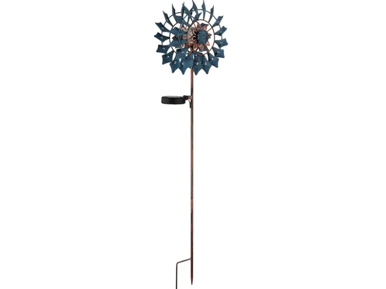 Solar Gartenstecker Windrad mit Erdspieß in Blau & Kupfer patiniert, Höhe 92cm