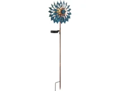 Solar Gartenstecker Windrad mit Erdspieß in Blau & Kupfer patiniert, Höhe 92cm