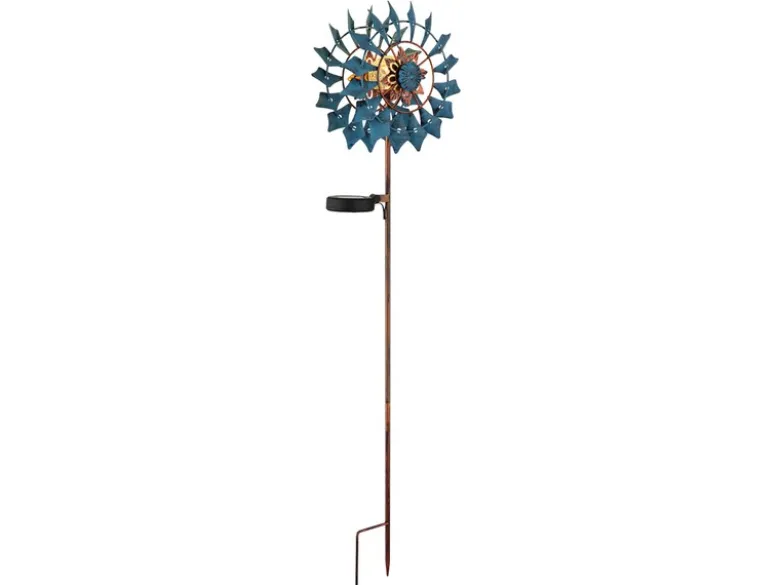 Solar Gartenstecker Windrad mit Erdspieß in Blau & Kupfer patiniert, Höhe 92cm