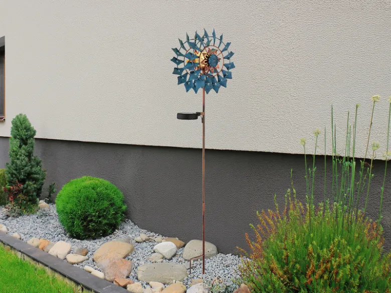 Solar Gartenstecker Windrad mit Erdspieß in Blau & Kupfer patiniert, Höhe 92cm