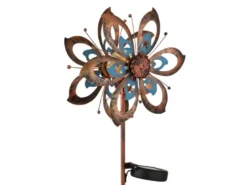 Solar Gartenstecker Windrad mit Erdspieß in Kupfer patiniert & Blau, Höhe 92cm