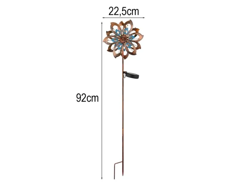 Solar Gartenstecker Windrad mit Erdspieß in Kupfer patiniert & Blau, Höhe 92cm