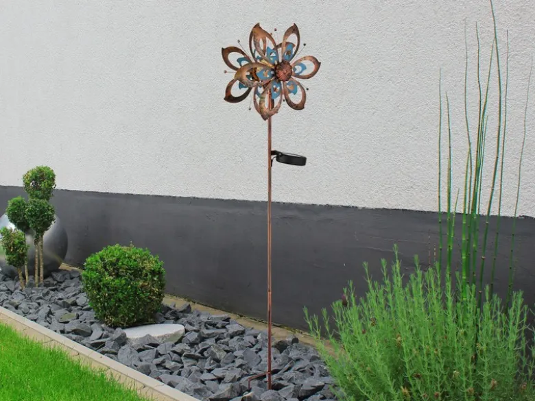 Solar Gartenstecker Windrad mit Erdspieß in Kupfer patiniert & Blau, Höhe 92cm