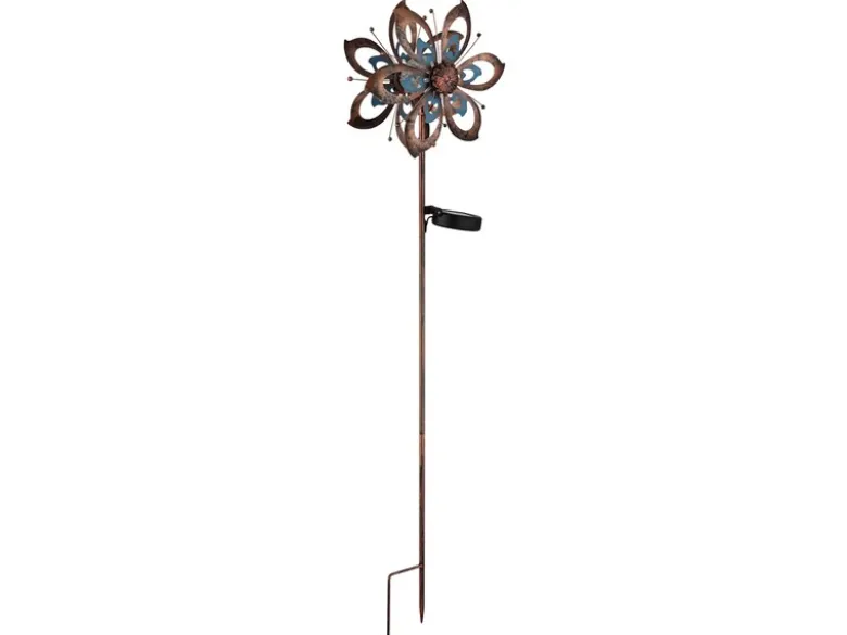 Solar Gartenstecker Windrad mit Erdspieß in Kupfer patiniert & Blau, Höhe 92cm