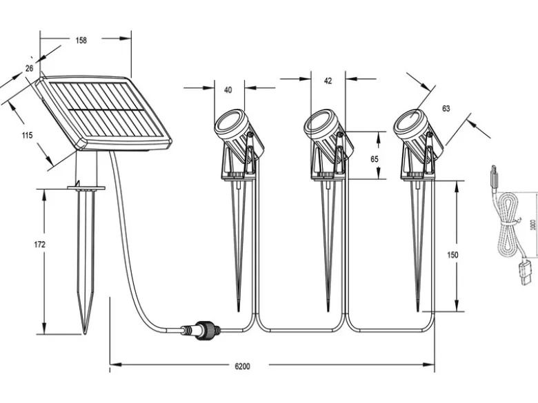 Solar Gartenstrahler OBIDOS auch per USB aufladbar mit 3 Spots, L: 6,2 Meter