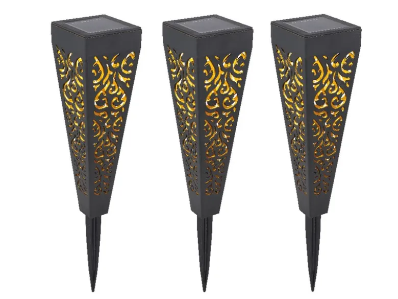 Solarlampen 3er Set mit Erdspieß, Dekostanzungen Schwarz Gold, H.33cm