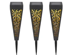 Solarlampen 3er Set mit Erdspieß, Dekostanzungen Schwarz Gold, H.33cm