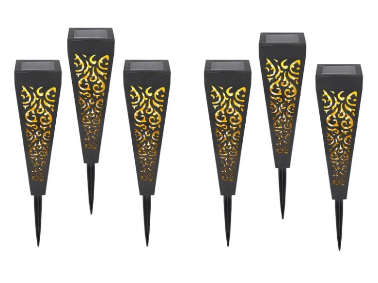 Solarlampen 6er Set mit Erdspieß, Dekostanzungen Schwarz Gold, H.33cm
