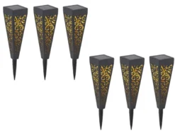 Solarlampen 6er Set mit Erdspieß, Dekostanzungen Schwarz Gold, H.33cm