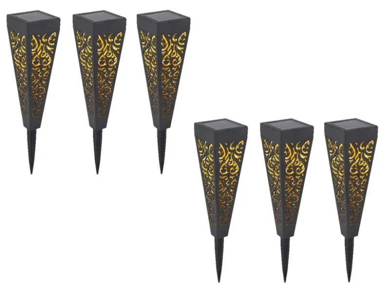 Solarlampen 6er Set mit Erdspieß, Dekostanzungen Schwarz Gold, H.33cm