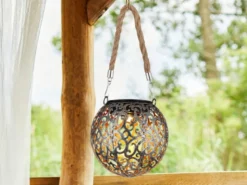 Solarlaterne Hängeleuchte mit Seil, Leuchtkugel Metall Silber Antik Ø12cm