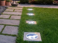Solar LED Bodeneinbaustrahler 4er SET für Außen, Edelstahl 4-eckig 10x10cm, IP67