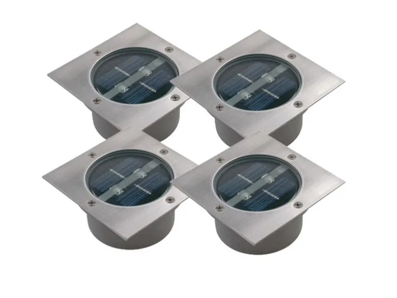 Solar LED Bodeneinbaustrahler 4er SET für Außen, Edelstahl 4-eckig 10x10cm, IP67