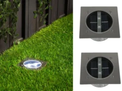 Solar LED Bodeneinbaustrahler 2er SET für Außen, Edelstahl 4-eckig 10x10cm, IP67