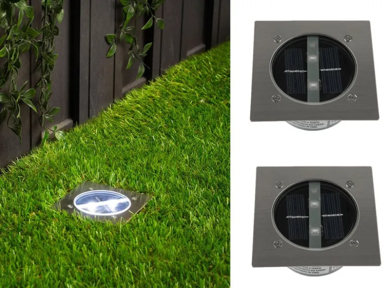 Solar LED Bodeneinbaustrahler 2er SET für Außen, Edelstahl 4-eckig 10x10cm, IP67