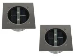 Solar LED Bodeneinbaustrahler 2er SET für Außen, Edelstahl 4-eckig 10x10cm, IP67