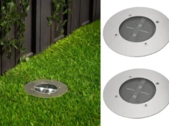 Solar LED Bodeneinbaustrahler 2er SET für Außen, Edelstahl rund Ø14cm IP67