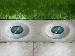 Solar LED Bodeneinbaustrahler 2er SET für Außen, Edelstahl rund Ø14cm IP67
