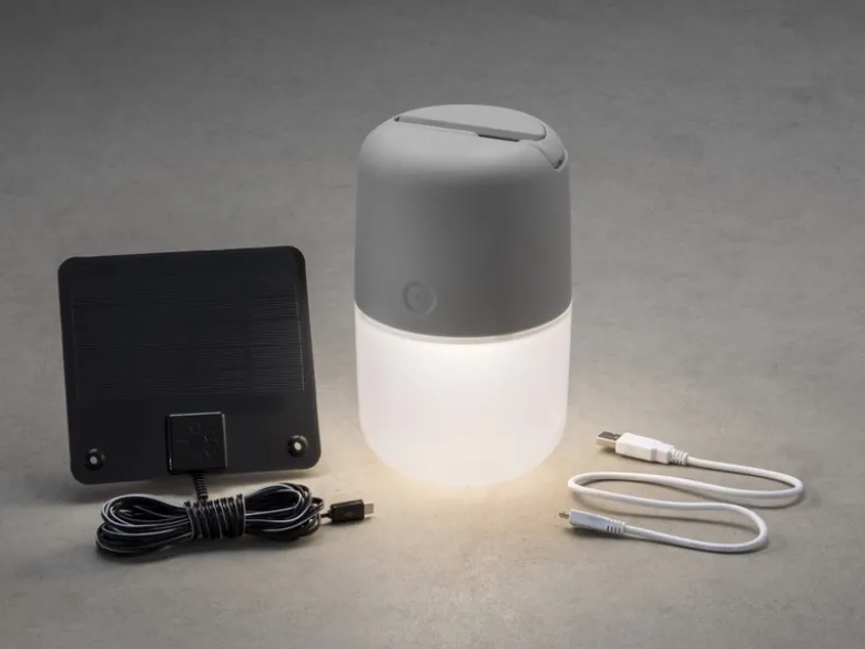 Solar LED Leuchte ASSISI mit 3-Stufen Dimmer & USB-Kabel, IP44, Grau