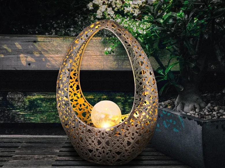 Solarleuchte mit Crackleglas Kugel, Dekorstanzungen Bronzefarben, Höhe 27,5cm