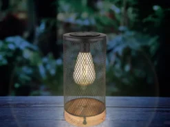 Solar Tischleuchte aus Drahtgeflecht schwarz mit Holzsockel, Höhe 25,5cm
