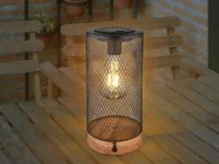 Solar Tischleuchten 2er SET Drahtgeflecht schwarz mit Holzsockel, Höhe 25,5cm