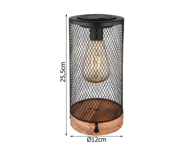 Solar Tischleuchten 2er SET Drahtgeflecht schwarz mit Holzsockel, Höhe 25,5cm