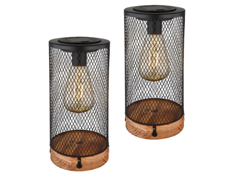 Solar Tischleuchten 2er SET Drahtgeflecht schwarz mit Holzsockel, Höhe 25,5cm