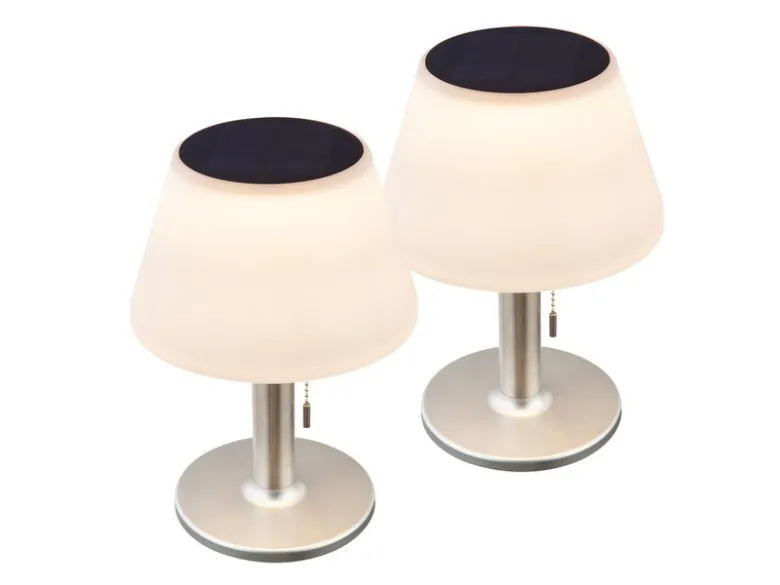 Solar Tischleuchten 2er Set mit Zugschalter, Lampenschirm weiß Höhe 28cm