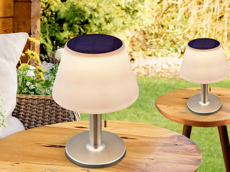 Solar Tischleuchten 2er Set mit Zugschalter, Lampenschirm weiß Höhe 28cm