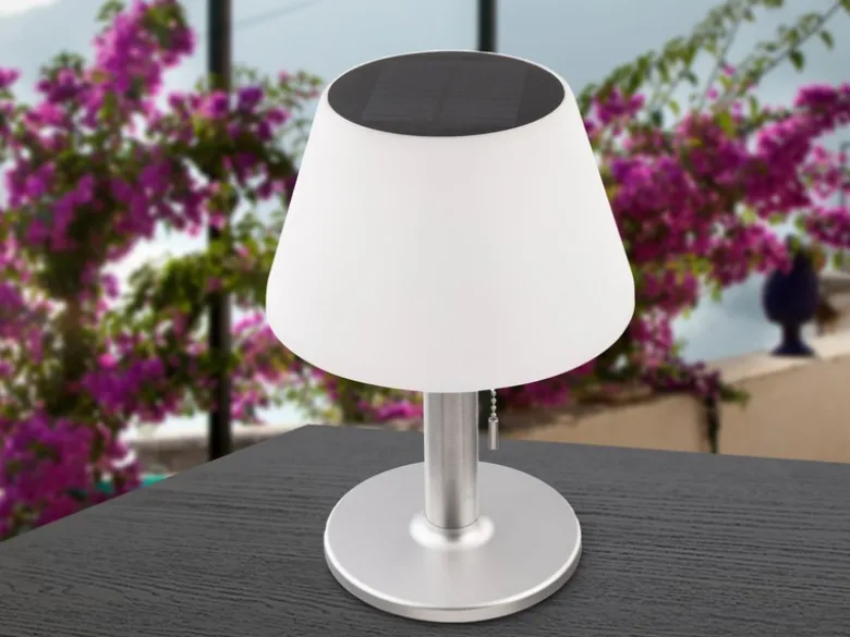 Solar Tischleuchten 2er Set mit Zugschalter, Lampenschirm weiß Höhe 28cm