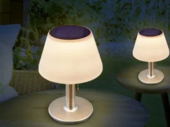 Solar Tischleuchten 2er Set mit Zugschalter, Lampenschirm weiß Höhe 28cm