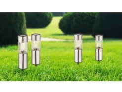 4 Stück LED Solarleuchten mit Erdspieß, Höhe 25 cm, Gartenlampen Edelstahl
