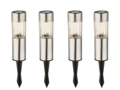 4 Stück LED Solarleuchten mit Erdspieß, Höhe 25 cm, Gartenlampen Edelstahl
