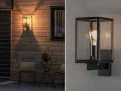 Stehende LED Außenwandlaterne Schwarz mit Klarglas, Höhe 33cm