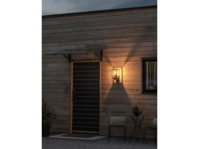 Stehende LED Außenwandlaterne Schwarz mit Klarglas, Höhe 33cm