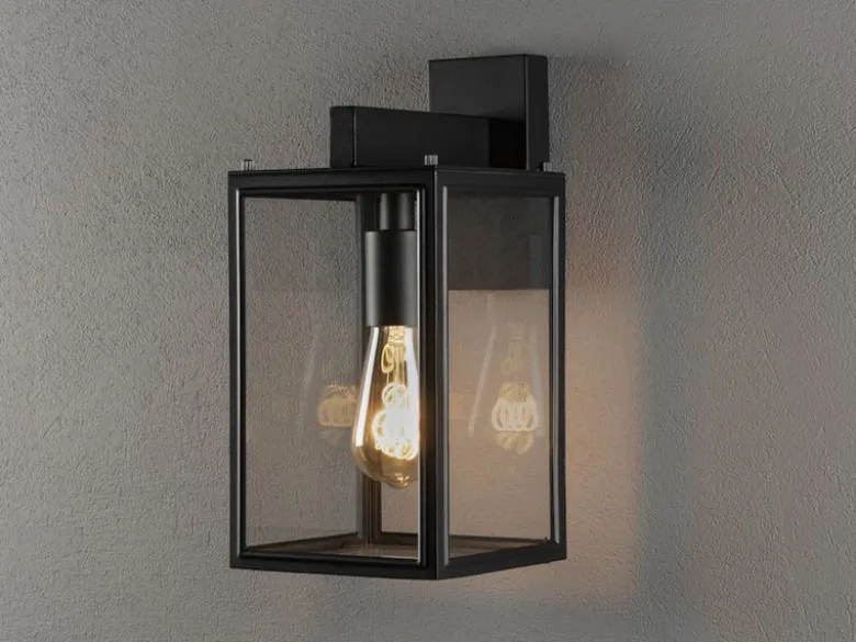 Stehende LED Außenwandlaterne Schwarz mit Klarglas, Höhe 33cm
