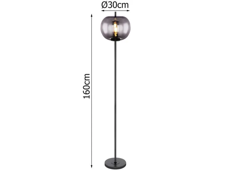 Stehlampe BLACKY mit Rauchglas Lampenschirm, Metall Schwarz, Höhe: 160cm
