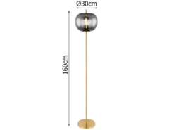 Stehlampe BLACKY mit Rauchglas Lampenschirm, Metall Messing, Höhe: 160cm