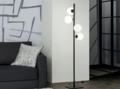 Stehlampe ENOIRE 4-flammig Schwarz mit Glaskugeln in Opalweiß, Höhe 150cm