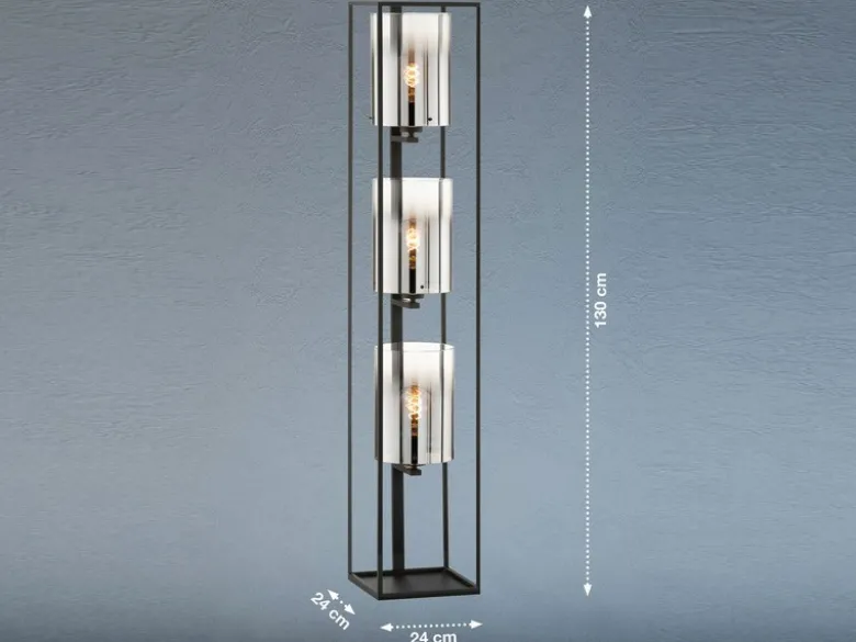 Stehlampe 3-flammig Schwarz mit Rauchglas & LED dimmbar, Höhe 130cm