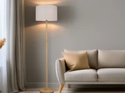 Stehlampe KORBA mit Holz Fuß & Stoff Lampenschirm Weiß, Höhe 162cm