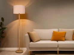 Stehlampe KORBA mit Holz Fuß & Stoff Lampenschirm Weiß, Höhe 162cm