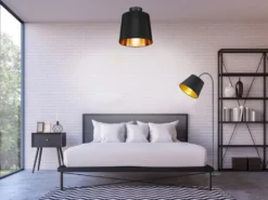 Stehlampe LAUREA gebogen mit E27 Stoffschirm Schwarz Gold, Höhe 156cm