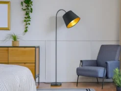 Stehlampe LAUREA gebogen mit E27 Stoffschirm Schwarz Gold, Höhe 156cm