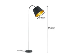 Stehlampe LAUREA gebogen mit E27 Stoffschirm Schwarz Gold, Höhe 156cm