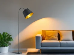 Stehlampe LAUREA gebogen mit E27 Stoffschirm Schwarz Gold, Höhe 156cm